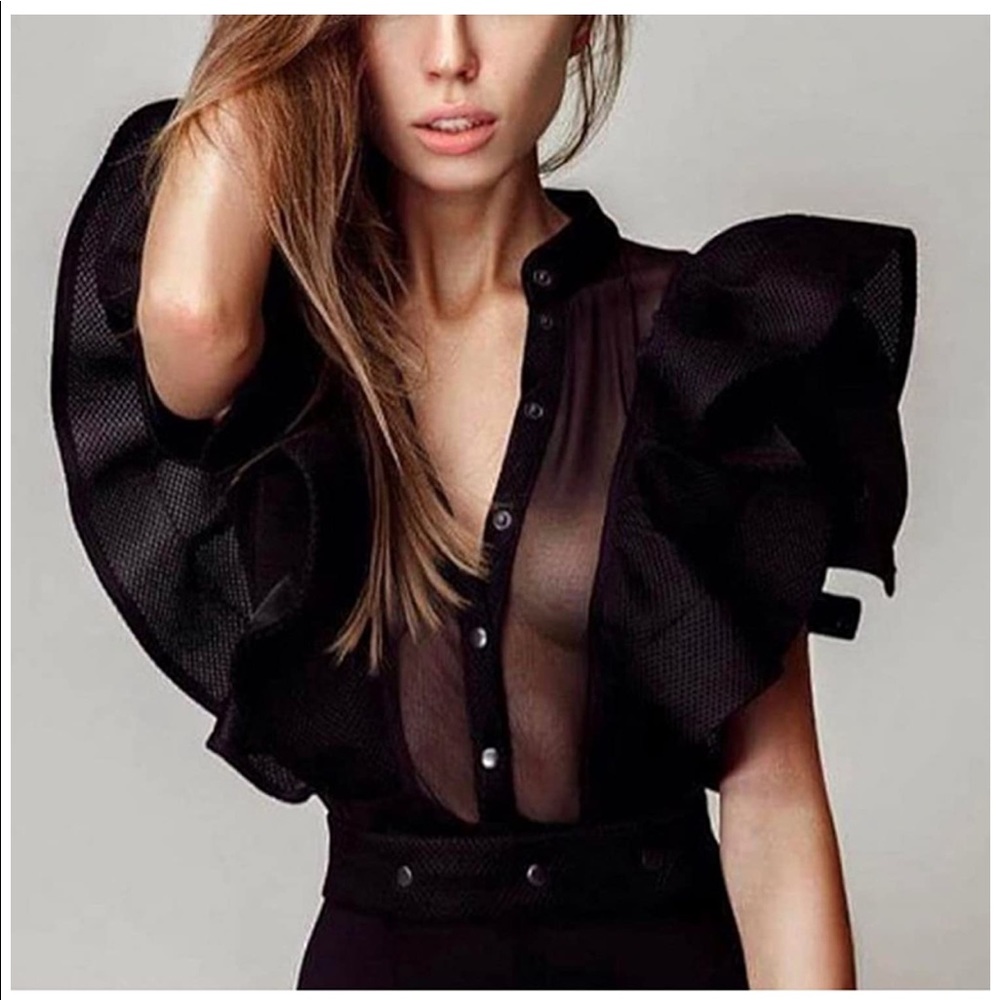 Beautiful ruffle button down sexy mesh body suit